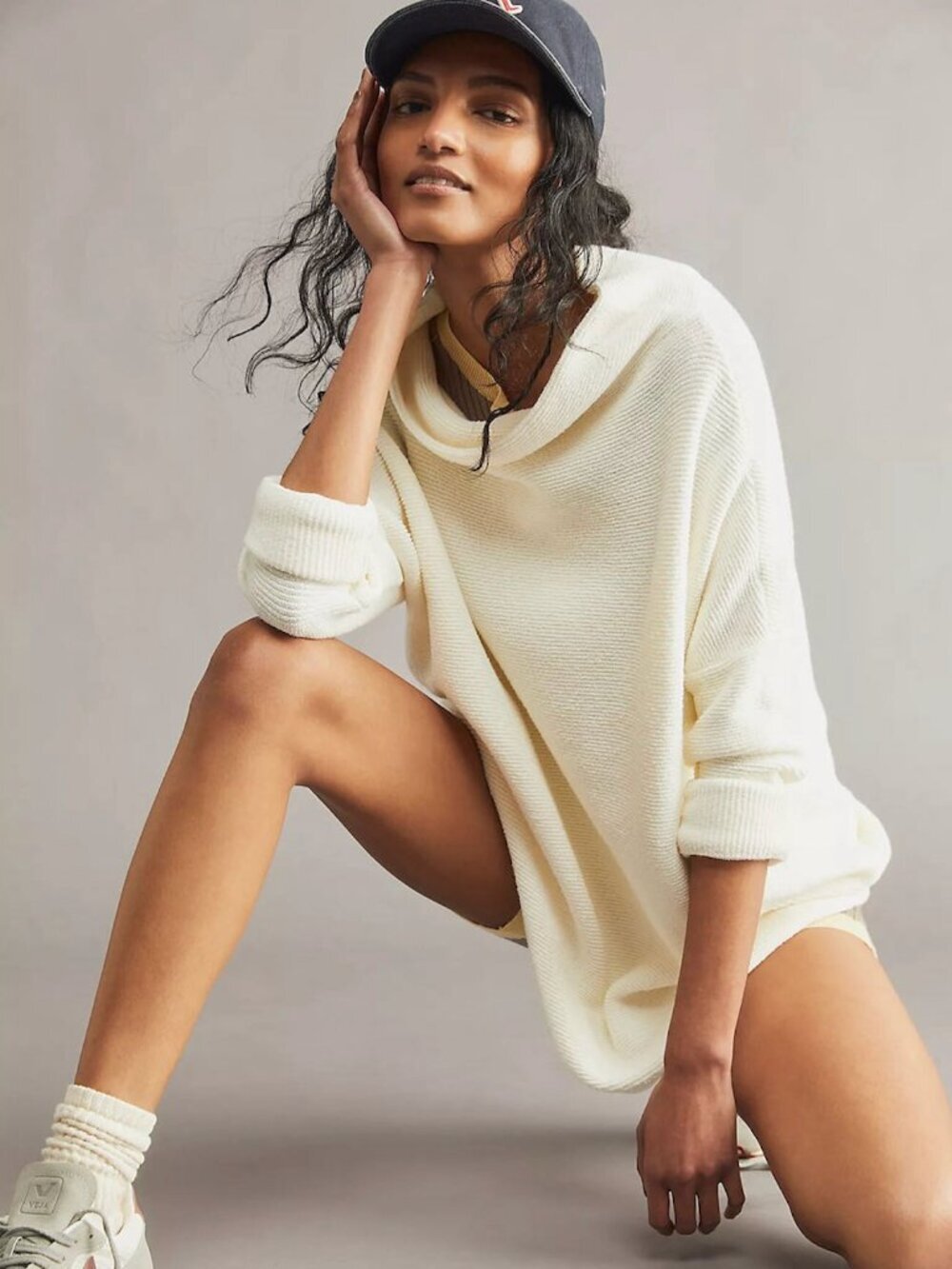 Free People Ottoman Slouchy Ribbed Stretch Knit Mock Neck Tunic Sweater Ivory, S
